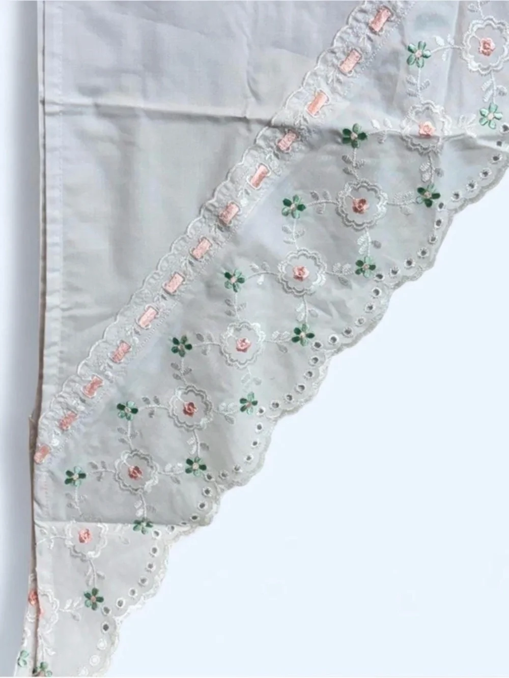 VTG Ribbonette Shaped Valance New Old Stock Eyelet Floral Pink White 60x38‎ NOS